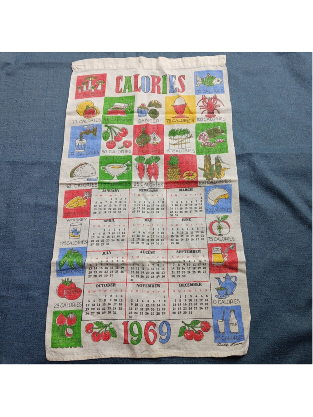 VTG 1969 Calories Tea Towel Linen Wall Hanging Calendar Kitch Cottagecore
